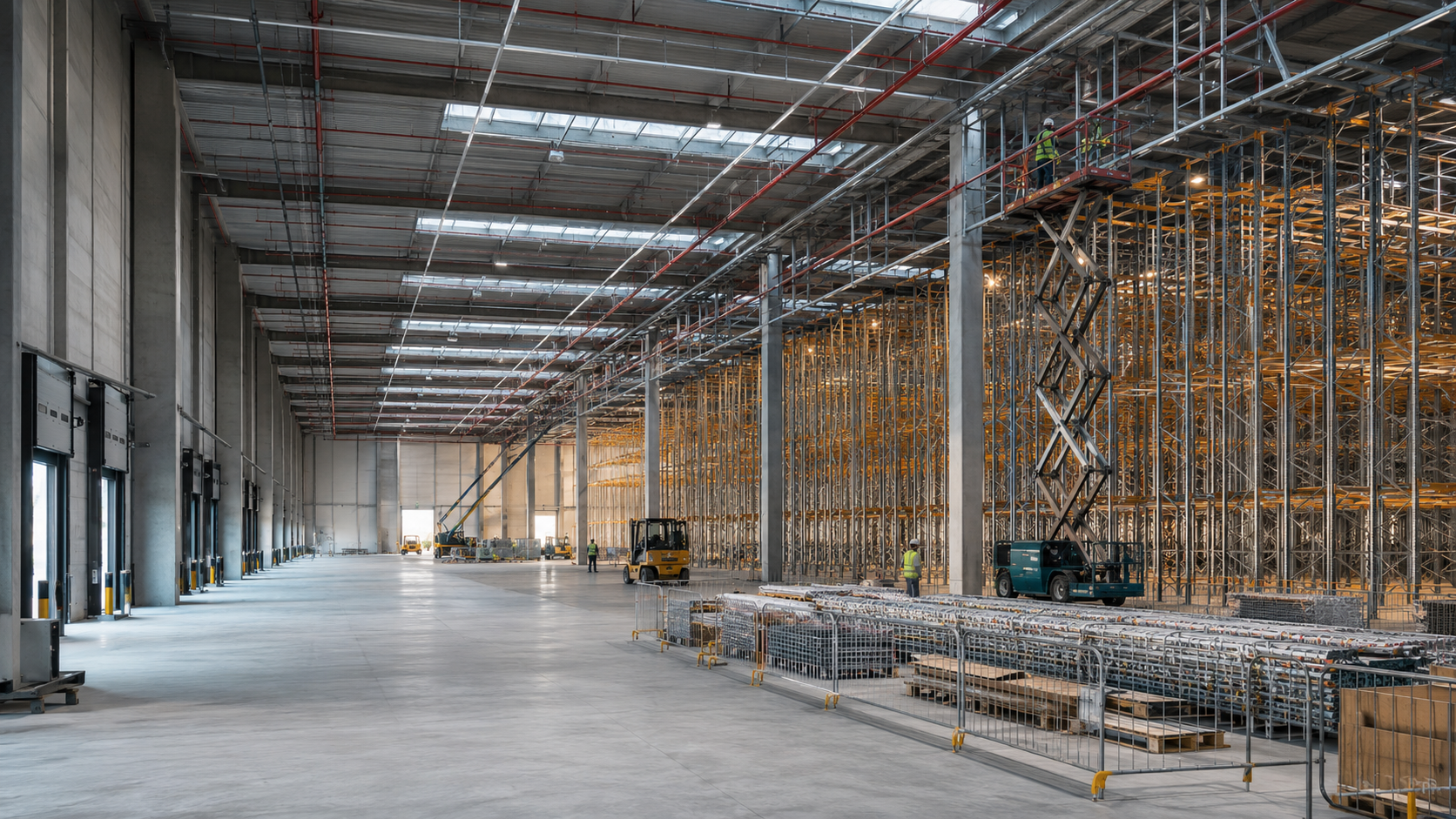 Modern high-bay warehouse interior representing KTCS warehouse construction and fit-out work